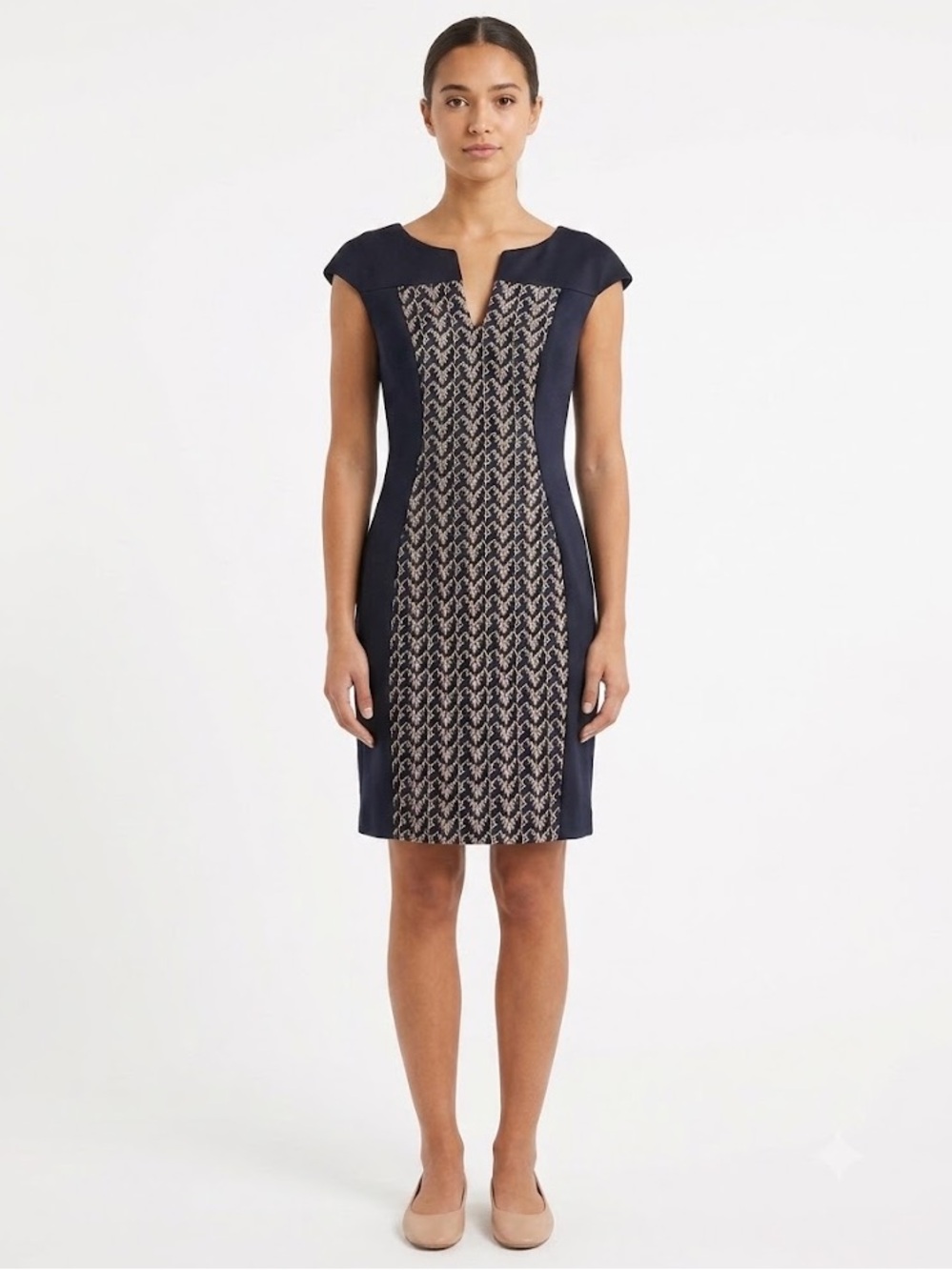 CONNECTED Dark Blue and Gold Short Cap Sleeve Knee Length Sheath Dress - Sz 8